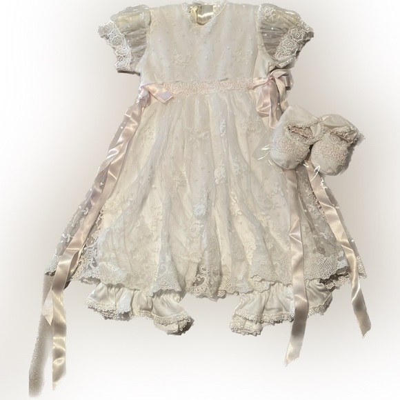 Vintage White baptism dress with booties and headband